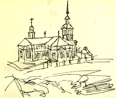 Stone mosque. Sketch by Chokan Valikhanov, Ink on paper, 1856.
